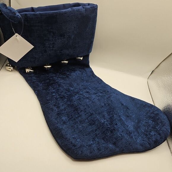 NAVY BLUE VELVET CHRISTMAS STOCKING W/SILVER JINGLE BELLS Hobby Lobby - Picture 3 of 12